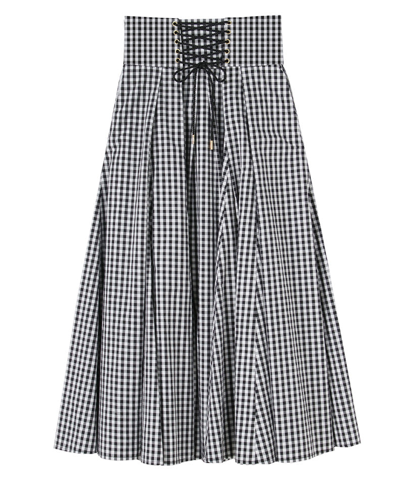 Back lace-up gingham flared skirt
