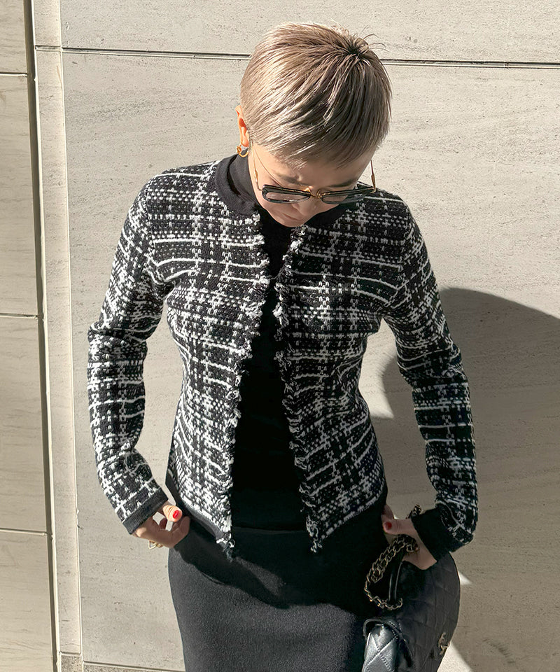 Tweed-style checkered knit jacket