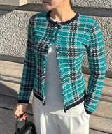 Tweed-style checkered knit jacket