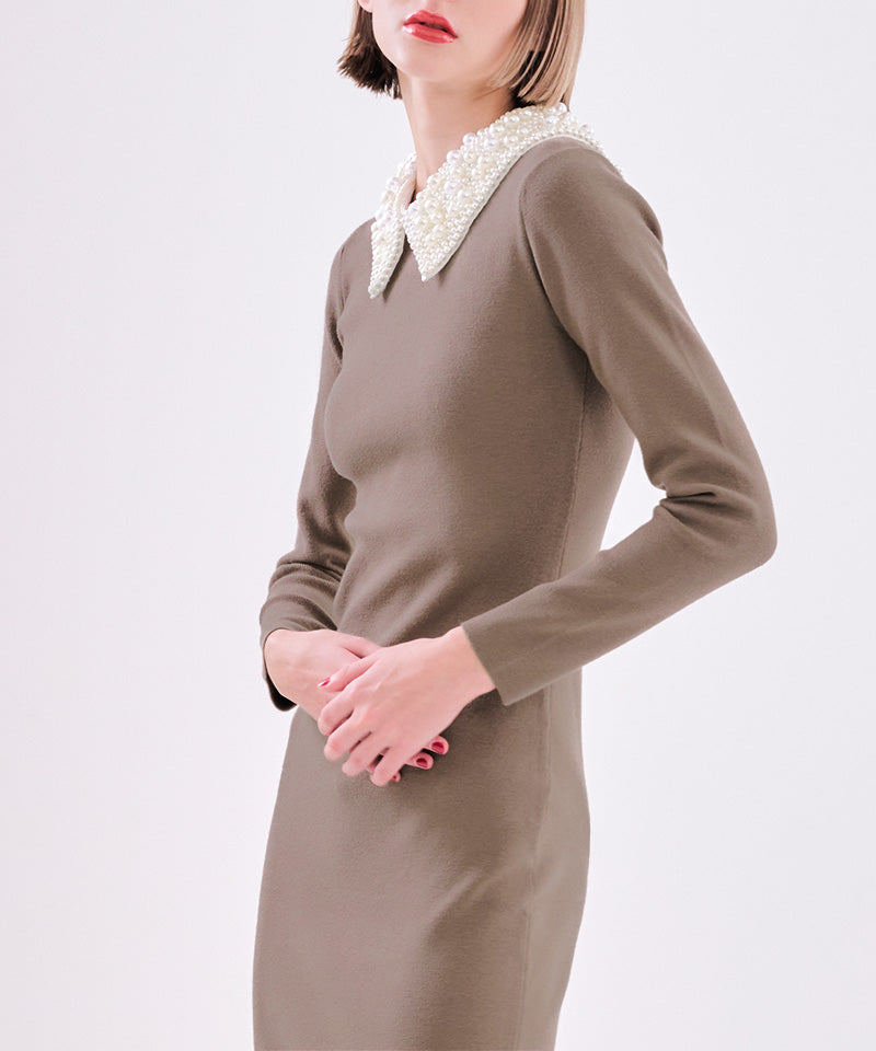 2WAY pearl attached collar knit dress