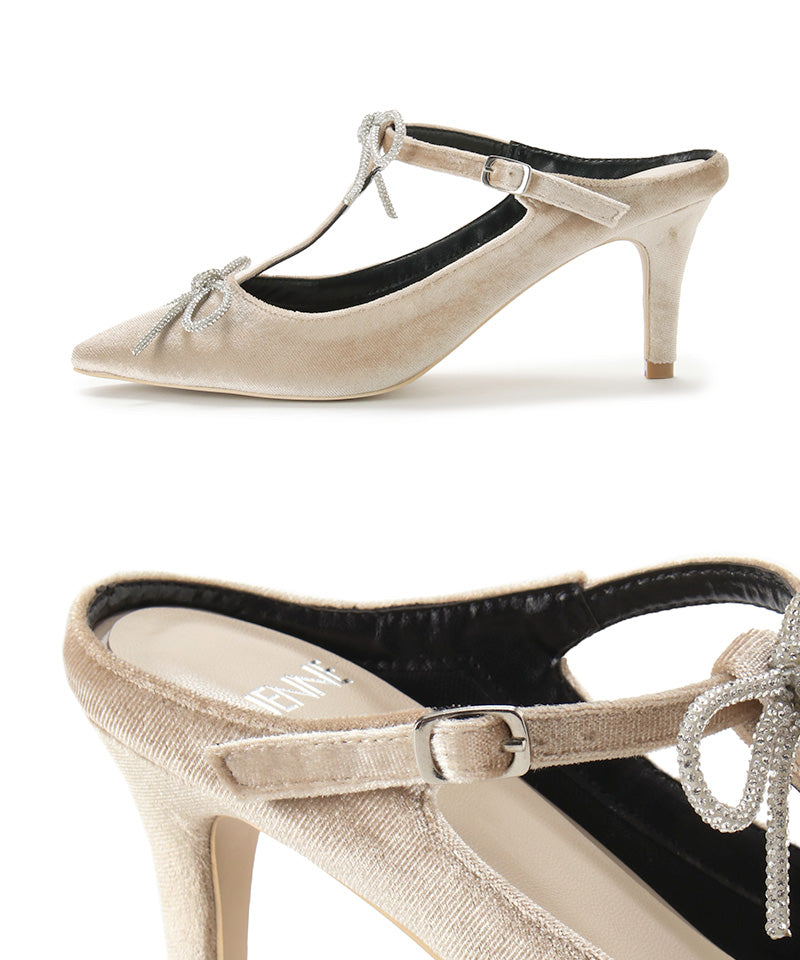T-strap mules with glitter bow