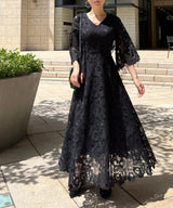 Full lace flared-sleeve dress