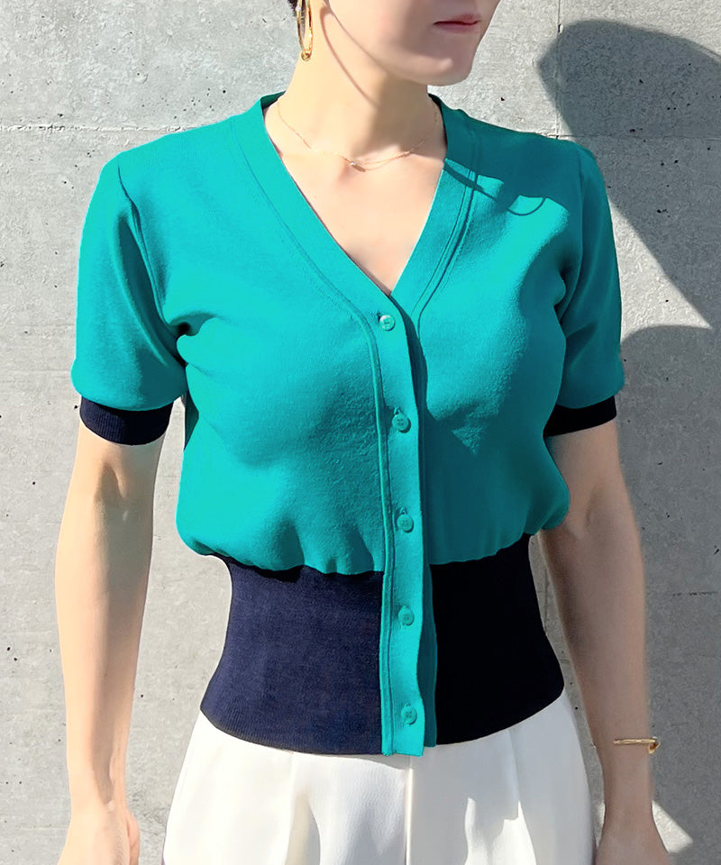 JENNE Bicolor half-sleeve knit cardigan