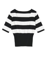 Square neck half sleeve striped knit